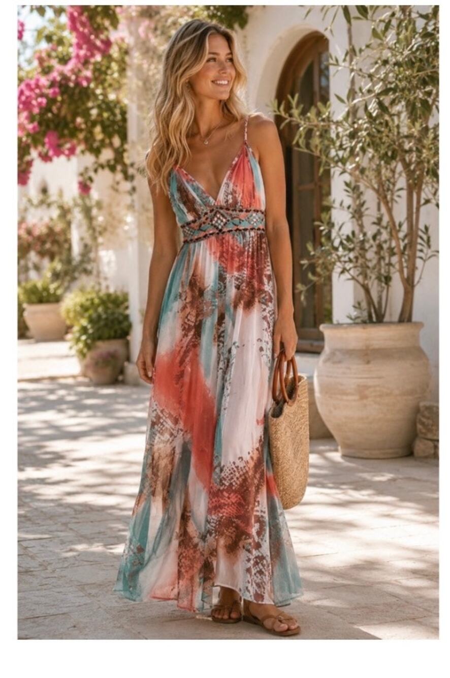 Boston Proper Embellished Tye Dye Maxi Dress Size 8